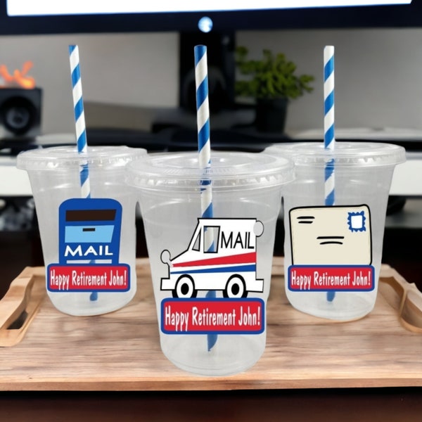 Personalized Mail Party Cups with Straws and Lids, Mailman Party Cups