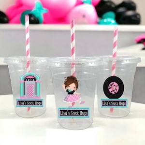 Personalized Sock Hop Party Cups with Straws and Lids, African American Sock Hop Party Cups