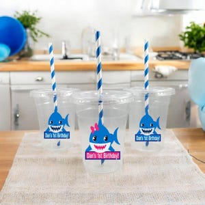 Personalized Boy & Girls  Shark Themed Party Cups with Lids and Straws!