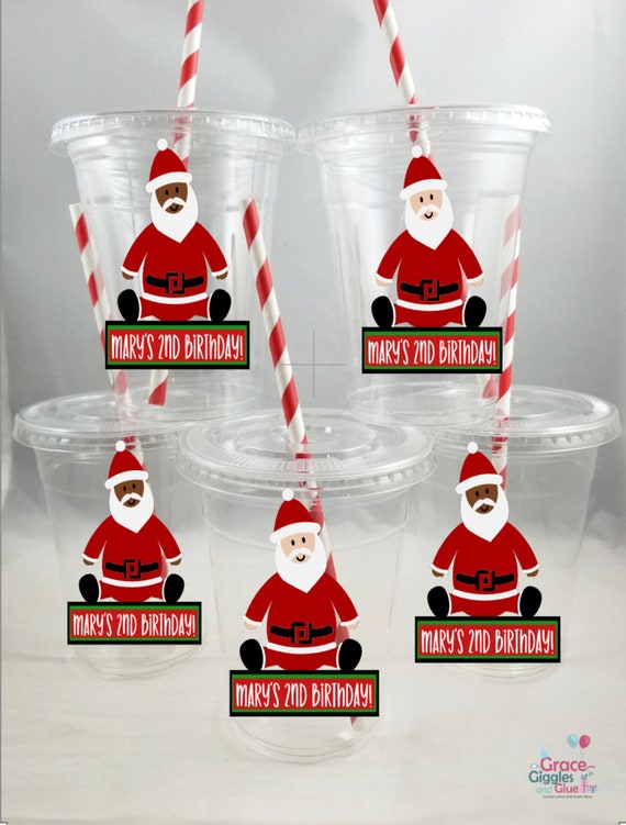 Personalized Santa Themed Party Cups With Lids and Straws 