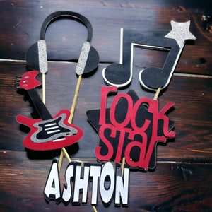 5pc Glitter Personalized Rockstar Themed Centerpiece, Rockstar Cake Toppers, Rockstar Photo Booth Props