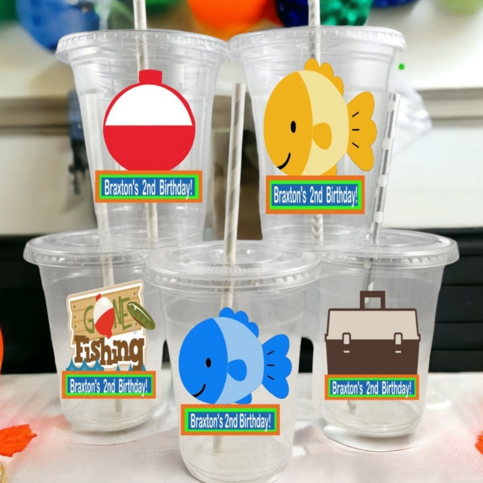 Custom Fishing Themed Party Cups with Lids and Straws, O-fficialy One Cups, image size:1684x1684