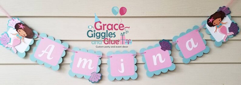 Mermaid Happy Birthday Banner Glitter African American Mermaid Themed Name Banner