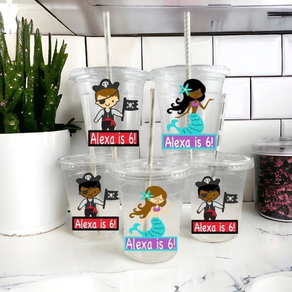 Personalized Pirate & Mermaid Themed Party Cups with Lids and Straws