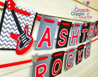 Personalized Rock Star Themed Happy Birthday Banner, Rock N Roll Name Banner