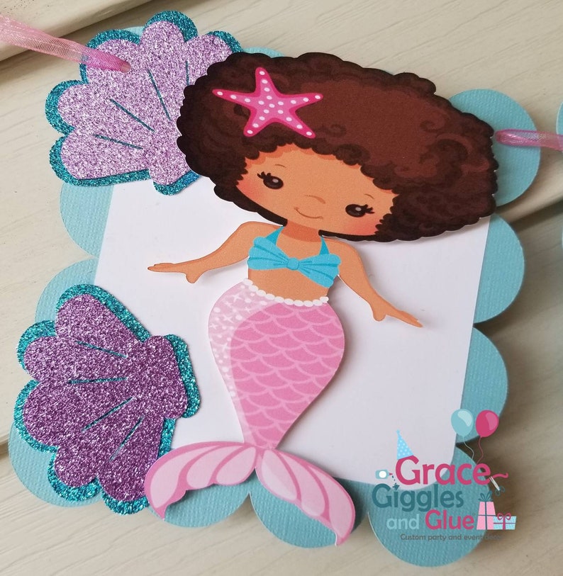 Mermaid Happy Birthday Banner Glitter African American Mermaid Themed Name Banner