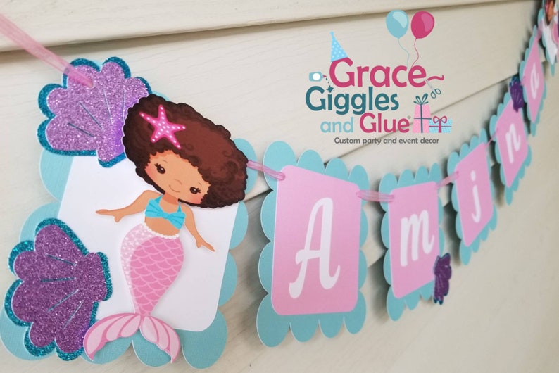 Mermaid Happy Birthday Banner Glitter African American Mermaid Themed Name Banner