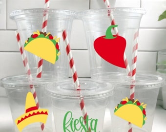 Taco/Fiesta Themed Party Cups with Straws and Lids