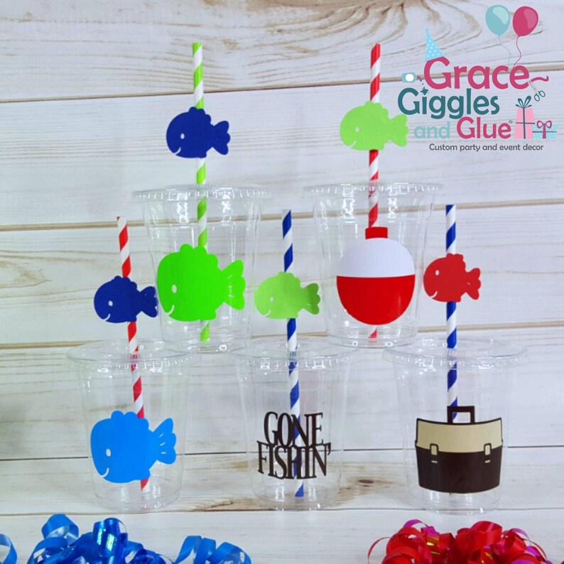 12 Fishing Cups W/ Lids and Fish Straws Etsy