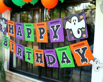 Ghost Happy Birthday Banner,  Spooky One Name Banner, Halloween Birthday Banner