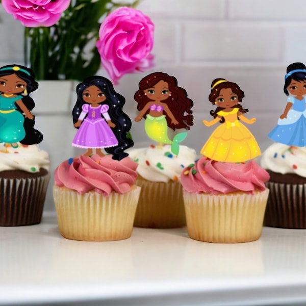 Multicultural Princess Themed Cupcake Toppers, African American Princess Cupcake Toppers