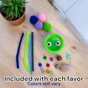 May include: A collection of craft supplies including colorful pom-poms, pipe cleaners, and small gems. A green container with googly eyes and the text "Included with each favor. Colors will vary" is also present.