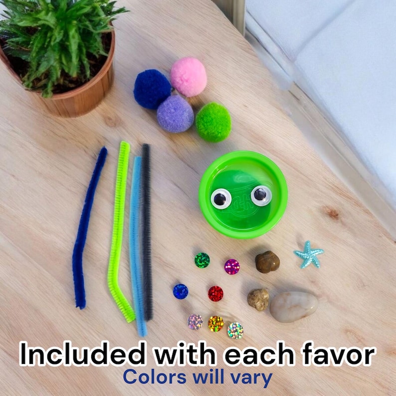 May include: A collection of craft supplies including colorful pom-poms, pipe cleaners, and small gems. A green container with googly eyes and the text "Included with each favor. Colors will vary" is also present.