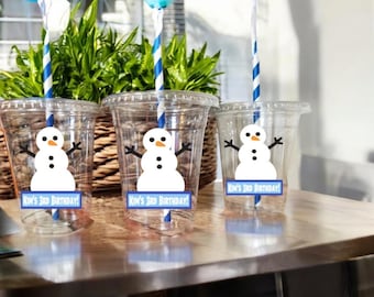 Snowman Party Cups with Straws and Lids, Custom Snowman Party Cups