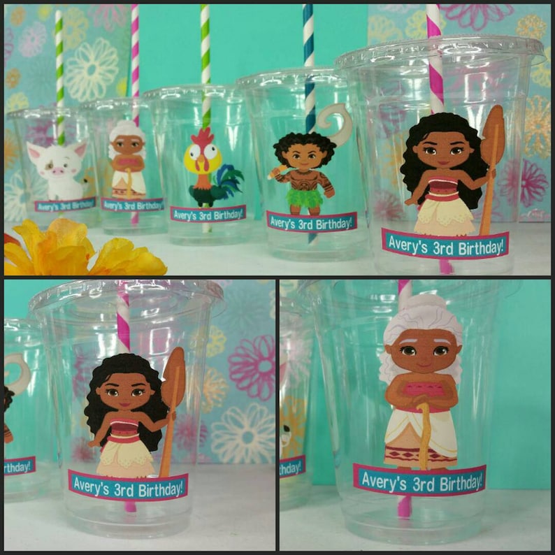 12 Personalized Polynesian Princess Themed Party Cups with Lids and Straws