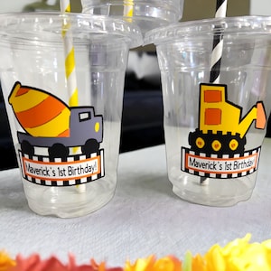 Personalized Construction Themed Party Cups with Straws and Lids!, Construction Plastic Party Favors