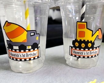 Personalized Construction Themed Party Cups with Straws and Lids!, Construction Plastic Party Favors