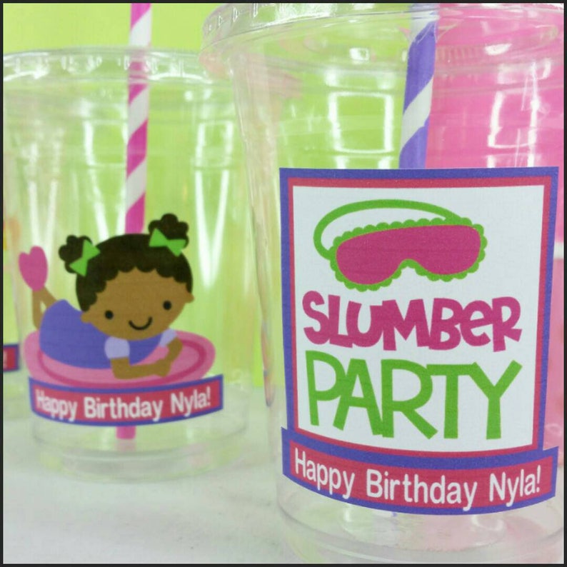 12 Personalized Slumber PartySleepover Themed Party with Straws and Lids