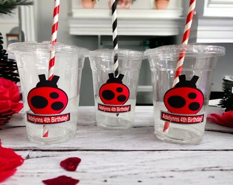 Personalized Ladybug themed Party Cups with Straws and Lids!