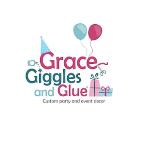 May include: A logo for a party and event decor business called "Grace Giggles and Glue". The logo features a party hat, balloons, scissors, and gift boxes. The text is in teal and pink.