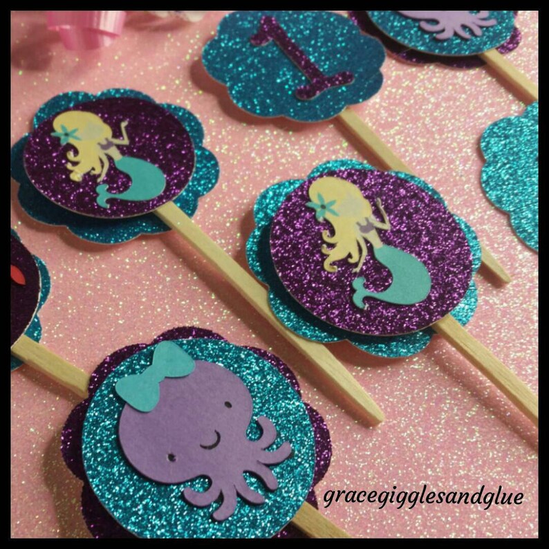 Under The Sea Cupcake Toppers 12 Glitter Mermaid Cupcake Toppers Baby Shower Cupcake Toppers