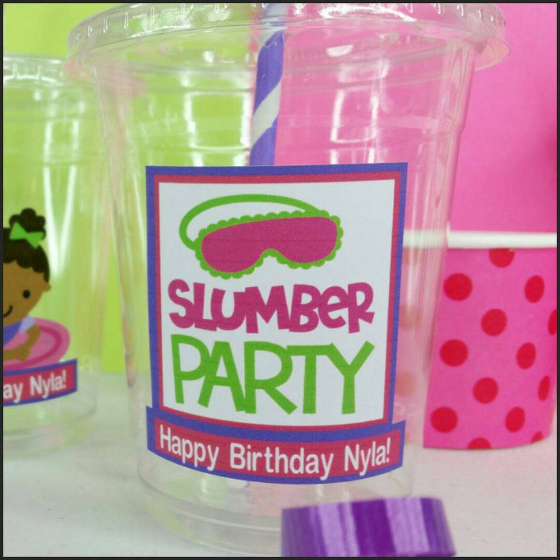 12 Personalized Slumber PartySleepover Themed Party with Straws and Lids