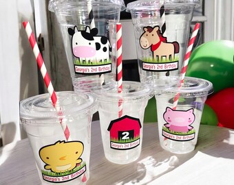 Personalized Farm Animal Themed Party Cups with Straws and Lids