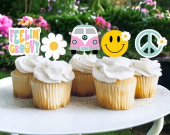 Groovy Cupcake Toppers, Hippie Party Cupcake Toppers, 70s Cupcake Toppers