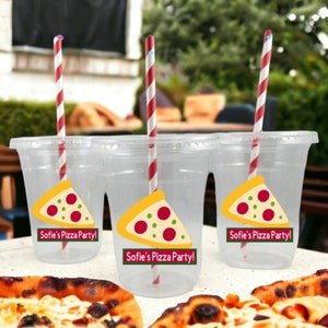 Personalized Pizza Party Themed Party Cups with Straws and Lids