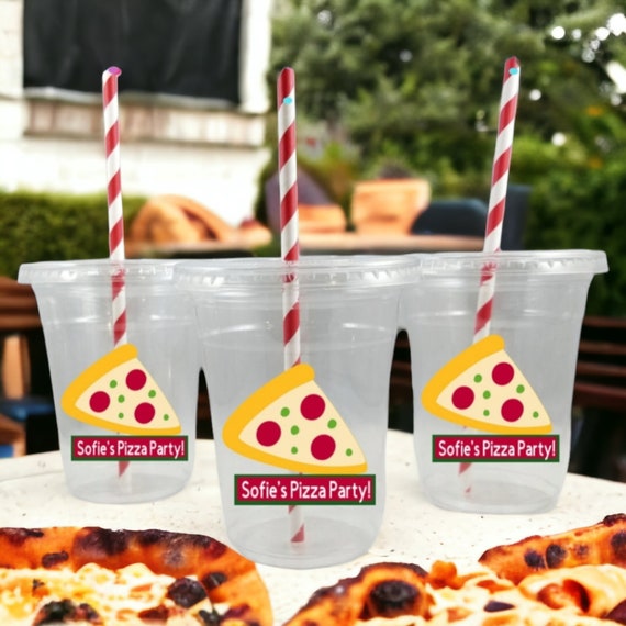 Personalized Pizza Party Themed Party Cups with Straws and Lids