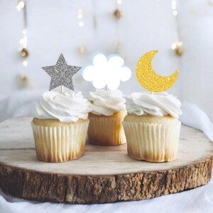 Glitter Moon/Star/Cloud Themed Cupcake Toppers, Twinkle Little Star Toppers