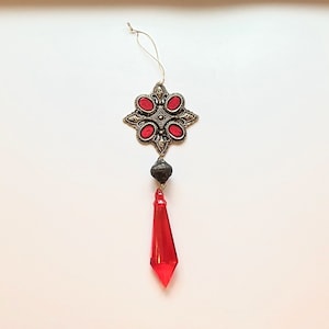 Vintage Dangle Ornament - Bronze/Brass Colored Metal and Red Acrylic -Classic Christmas Ornament - 1990&#39;s - Holiday Decor and Decoration