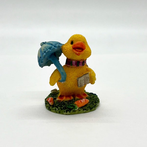 Cheerful Ceramic Duck Figurine With Umbrella  -  Table Top or Mantel Decor – Great for an Easter Basket – Vintage 1990 Unique Holiday Gift