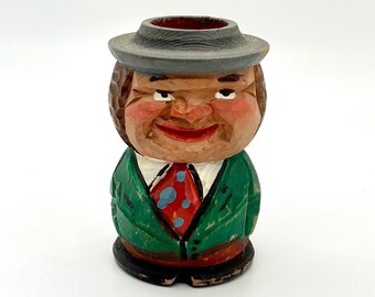 Hand Carved Wooden Candlestick Holder - Folk Art Man Figure Candle Holder