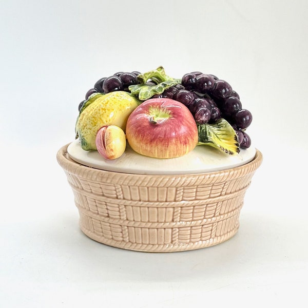 Covered Ceramic Bowl - Fruit Topiary Top/Lid - Apples, Lemons  and Grapes – Wicker Pattern Bowl - Vintage 1990’s Kitchen and Home Décor