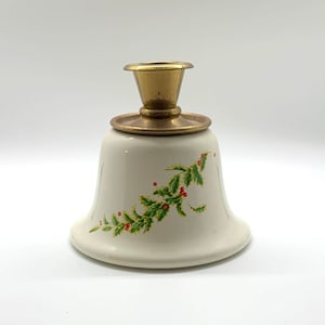 Bell Shape Christmas Candle Holder - Teleflora – Ceramic & Brass – Single Tapered Candle - Vintage 1990’s Holiday Decor and Home Accents