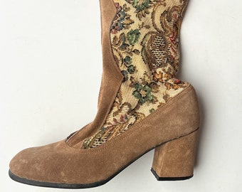 Mid-Century Tapestry Suede Boots: Italian Leather Knee-High Heels - Size 6B