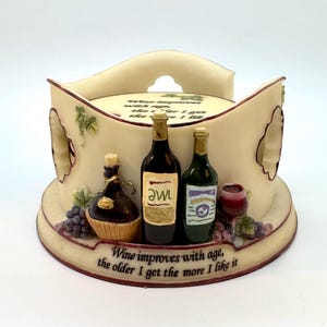 Ceramic Coaster Set – Matching Storage Holder -  Wine Quote - Cork Backing  - Wine Theme Gift – Vintage 1990s Home Decor