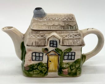 Miniature Cottage Teapot, Ceramic House With Removable Roof Lid