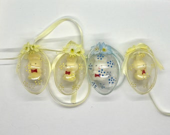 Plastic Bunny Eggs - Set of 4 - Plastic and Fabric - Hanging Easter Egg Ornament - 3 Yellow , 1 Blue - Vintage 1970's Easter Decorations