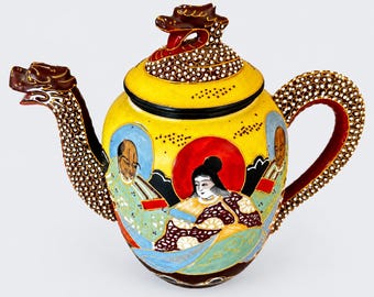 Japanese Nagoya Porcelain Tea Set, Dragon Teapot, 3 Cups And Saucers