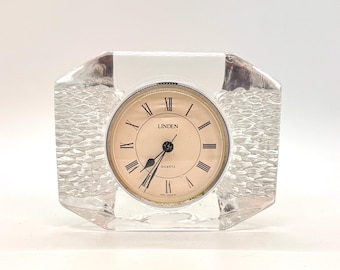 Linden Quartz Desk Clock, Clear Glass Textured Frame, West Germany Roman Numerals