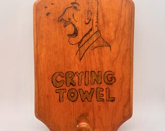 Vintage 1960s, Wood Crying Towel Holder, Handmade Wall Towel Peg, Folk Art Decor