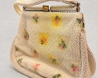 1970s Beaded Purse, Cream Floral Handbag With Gold Tone Clasp