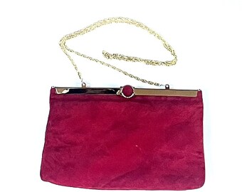 Vintage Red Velvet Clutch: 1990s Gold Chain Handle Purse