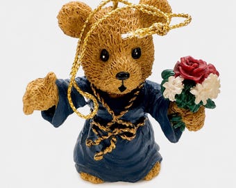 Boyds Bears Ornament, Teddy Bear In Blue Robe Holding Flower Bouquet