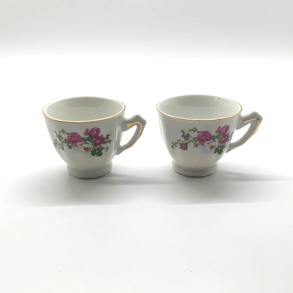 Pair of Miniature China Tea Cups - Hand Painted - White & Gold with Colorful Red Flowers - Vintage 1960's Collectible Tea Cups