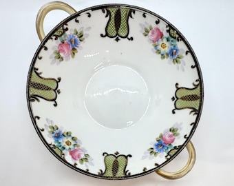 Noritake Morimura Handled Bowl, Hand-Painted Floral, Green Panels, Japan