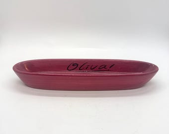 Deep Pink Ceramic Olive Dish, Oval Serving Tray,  Vintage Glossy Kitchen Decor