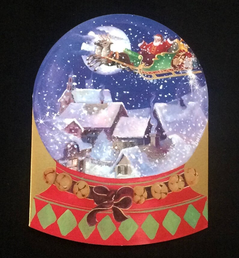 Christmas Snow Globe Card Santa Sleigh With Reindeer Flying | Etsy